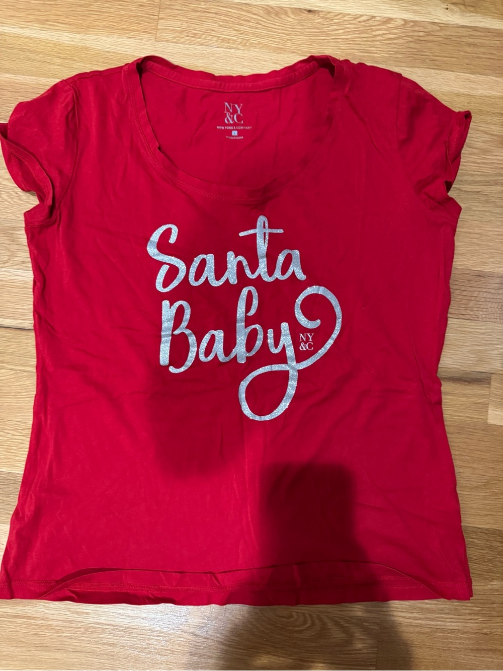 New York & Company Red Tee with Silver 'Santa Baby' Script